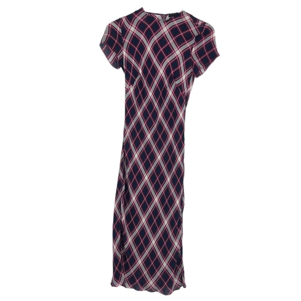 JENNI KAYNE Sz XS Silk Red Navy Ivory Plaid Midi Slip Dress Separate Slip Lining